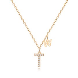 MJARTORIA Initial Necklace A to Z Gold Capital Letter Necklaces with Crystals Butterfly Pendant for Women Girl (Gold-Butterfly Initial T)