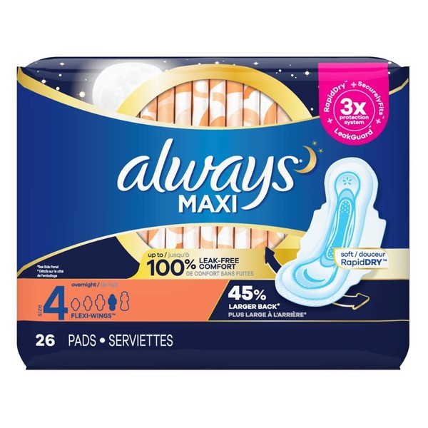 Always Pads Size 4 Maxi 26 Count Overnight (Pack of 3)