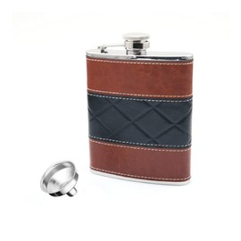 iSavage 6oz Black and Brown Red Leather Wrapped Hip Flask with a Funnel 18/8 Stainless Steel-YM135