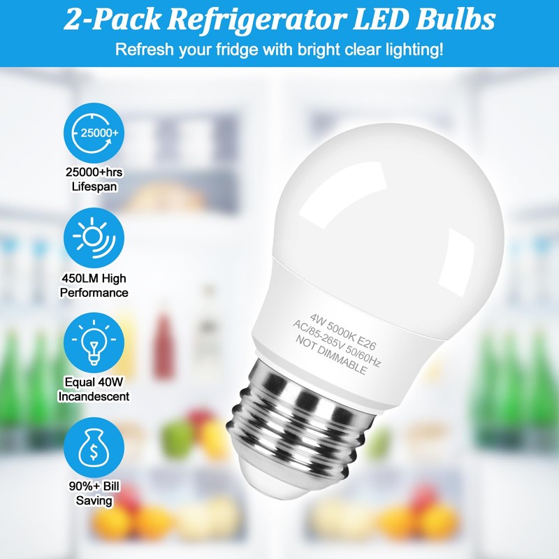 3-Pack A15 Refrigerator Light Bulb 40W Equivalent, 120V Fridge Waterproof