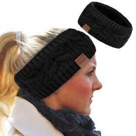 Loritta Womens Ear Warmers Headbands Winter Warm Fuzzy Cable Knit Head Wrap Fleece Lined Gifts, Solid Color Black