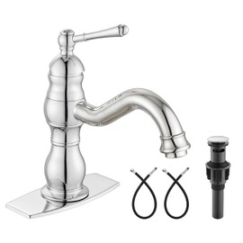 Heyalan Bathroom Sink Faucet Single Hole 1 Handle Deck Mount Single Handle Brass Bathroom Sink Faucet Farmhouse Mixer Tap with Drain,‎Short-Spout Reach 7.09 Inch,Polish Chrome