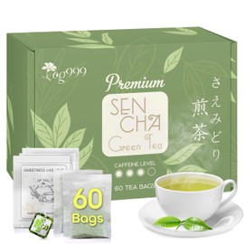 TOG999, Premium 60 Sencha Green Tea Bags, 100% Natural & Pure from Sencha Green Tea Leaves. Loose Leaf Sencha Herbal Tea. No Sugar, No Gluten, Vegan.