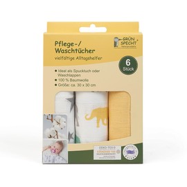 Grünspecht Care / Wash Cloths 30 x 30 cm 100% Cotton Burp Cloths, Wash Cloths without Optical Brighteners, Skin-Friendly & Absorbent, Pack of 6, Mango, Stars, Elephants (1501-V2)