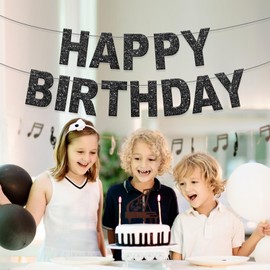Glitter Happy Birthday Banner Letters Birthday Sign, Birthday Garland Wall Door Banner Flag for Women Men Boys Girls Birthday Party Backdrop Decorations Supplies (Black)