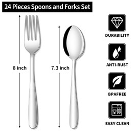 24-piece Forks and Spoons Silverware Set, Amafox Food Grade Stainless Steel Flatware Cutlery Set for Home, Kitchen and Restaurant, Mirror Polished Forks and Spoons Set for 12, Dishwasher Safe