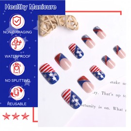 BFY 4th of July Press on Nails Medium Square Fake Nails, USA Flag Red White Glitter Acrylic Nails, Blue French Glossy Gel False Nails Kit Stick Glue on Nails Tip, Independence Day Decoration 24 Pcs