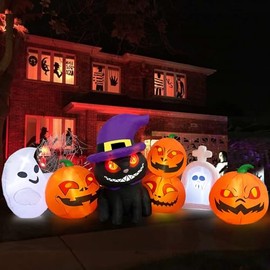 MICOCAH 2.43M inflables Halloween Exterior Gato Calabaza Decoracion | Linternas de Calabaza Tombstone Ghost decoración Exterior, Incorporado Luces LED
