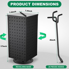 Wesiti Pegboard Metal Rotating Display Stand with 20 Hooks 4 Sided Spinning Peg Board Displays Jewelry Earring Stands Craft Keychain Rack Necklace Holder for Retail Table Counter(17",Black)