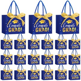 Jetec 45 Pack 2025 Graduation Gift Bags Bulk Small Congrats Gift Bags with Handle and Bow Ribbon 5.5 x 4.7 x 2.5 Inch Grad Paper Treat Bags Party Favor Supplies for College High School(Blue Gold)
