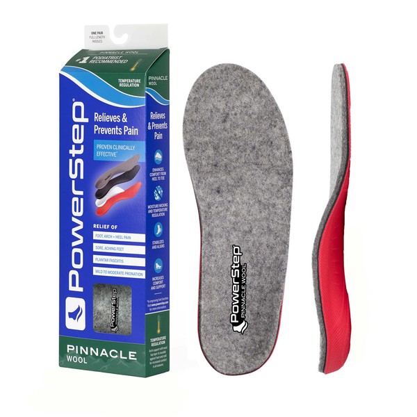 Powerstep unisex adult Pinnacle Wool Insoles Insole, Gray/Red, Men s 8-8.5 Women 10-10.5 US