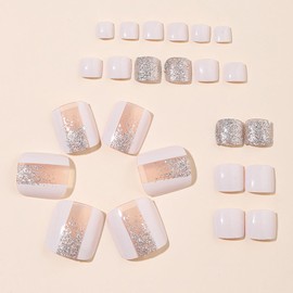 White Press on Toenails for Women, Short Square Fake Toenails Full Cover False Toenails with Silver Glitter Design Summer Acrylic Artificial Toenails Glossy Glue on Toenails Cute Toe Nail Decorations