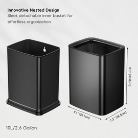 EKO Laguna 2.6 Gallon/10L Matte Black Stainless Steel Open Top Trash Can with Removable Inner Basket - Modern Bathroom & Office Waste Bin