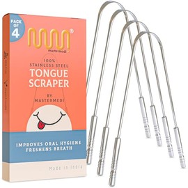 Rascador de lengua 100% acero inoxidable, paquete de 4, combate el mal aliento, ideal para el cuidado bucal, limpiador de lengua de grado médico para adultos y niños, fácil de usar con mango no sintético