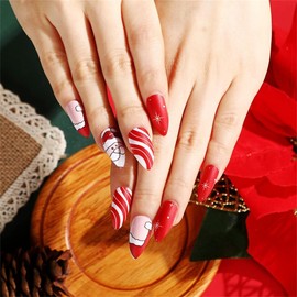 Santa Claus Snowflakes Deer Almond Shaped Full Cover Acrylic Fake Nails Merry Christmas Press On False Nails Medium Length for Women Lady Reusable Nails for Home DIY Nail Art 24PCS (CHD11)
