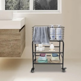 Rolling Wire Laundry Basket with Wheels, 3-Tier Metal Storage Cart Heavy Duty Utility Cart for Pantry Organizer Garment Laundry and Sort(Black)