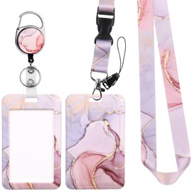 Hianjoo Porta Gafete con Cordón, Sujetador De Insignia Soporte De Tarjeta Id con Clip de Cinturon Carrete Retráctil para Estudiantes, Personal De Oficina, Mármol Rosa