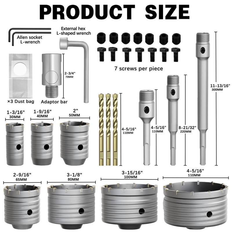 34PCS Concrete Hole Saw Kit, 30-110mm Masonry Drill Bits with