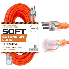 IRON FORGE CABLE 50 Ft Orange Extension Cord - 12/3 SJTW Heavy Duty Lighted Outdoor Extension Cable with 3 Prong Grounded Plug for Safety, 15 AMP - Great for Garden & Major Appliances