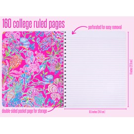 Lilly Pulitzer Large Pink Hardcover Spiral Notebook, 11" x 9.5" with 160 College Ruled Pages, Shell Me Something Good