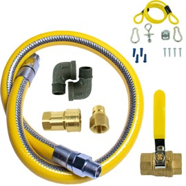 Gotek Commercial Gas Hose Connector Kit 10-754-1, 3/4" x 48", Yellow Braided Stainless Steel Hose, Swivel Ends, (2) 90º Street Elbows, Shut-Off Valve, Quick Disconnect, Restraining Cable & Hardware