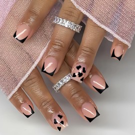 Short Press on Nails Square - Black French Tip Fake Nails with Heart Design - Full Cover Stick on Nails Press ons - for Women Manicure 24 Pcs