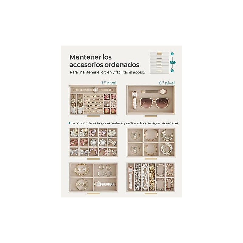 SONGMICS Caja de Joyas, 6 Niveles, Tapa de Cristal, 5
