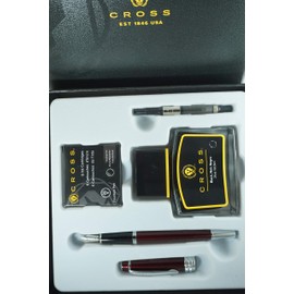 Cross Limited Series Diamond Cut Multi-groove Center Ring Bailey Medium nib Fountain Pen Gift Set with Bottled Ink, Converter and 6 Ink Cartridges - (RED LACQUER)