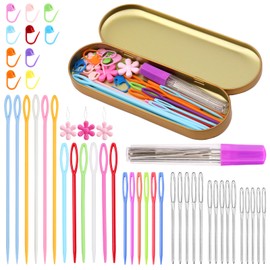 48Pcs Plastic Large Eye Sewing Needles Set,15PCS Large-Eye Blunt Needles,Yarn Needle,10 Knitting Stitch Markers with Box, Needle Threader for Knitting Crochet