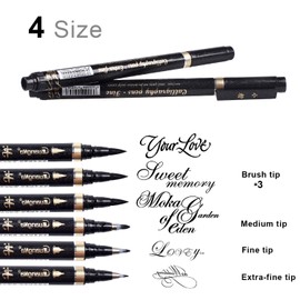 Reastar Calligraphy Pens Pack of 6 Calligraphy Ballpoint Pen Black Fibre-Tip Pen for Lettering, Beginner Diary, Signature, Writing, Design and Drawing (4 Sizes)