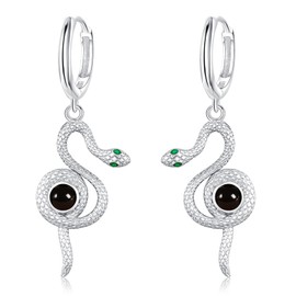 Snake Earrings, 925 Sterling Silver Vintage Malachite / Moonstone / Black Onyx / Onyx / Turquoise Snake Huggie Hoop Earrings Jewellery for Women, Sterling Silver