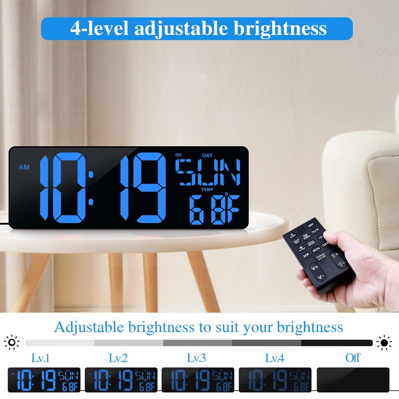 Large Digital Wall Clock with Remote Control 17.2" LED Large