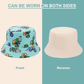 QKURT Kids Sun Hat, Summer Bucket Hat Reversible Beach Cap Sun Protection Fisherman Hats with Excavator Design for Outdoor Play for Boys 3-8 Years Old