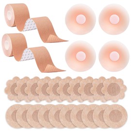 AEIFULU 24 Piezas Cubre Pezones para Mujer y 2 Rollos Cinta de Elevación 5Mx5CM,Incluye 4 Nipple Cover de Silicona,20 Pezoneras no Tejido,Ideal para Vestidos Novia y Blusas Sin Tirantes y Sin Espalda
