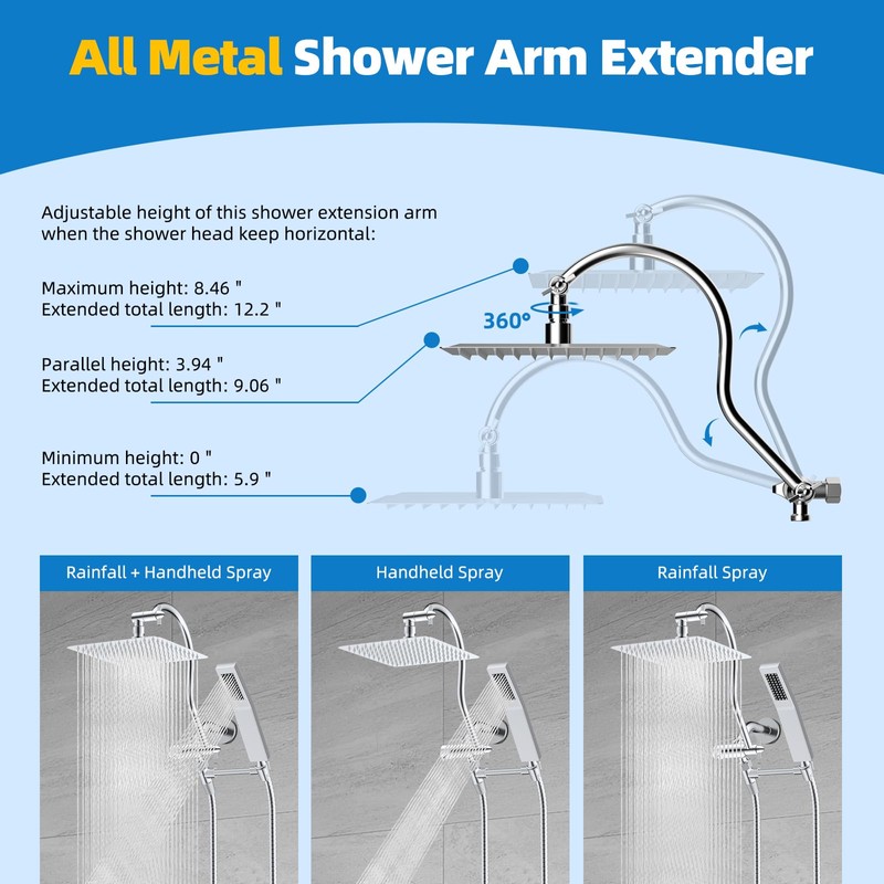 Hibbent All Metal 12 Inch Brass Adjustable Shower Head Extension