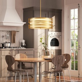 YOMECOO 19.7“ Drum Chandelier Light Fixture Vintage Modern 5-Lights Golden Chandelier with White Linen Lampshade Rustic Farmhouse Drum Chandelier for Dining Room, Bedroom, Kitchen