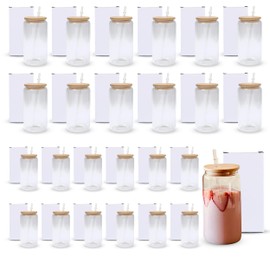 25 Pack 16oz Clear Sublimation Glass Blanks with Bamboo Lid, Straight Sublimation Glass Tumblers for Iced Coffee, Milk, Juice, and Beer Can-Style Drinks