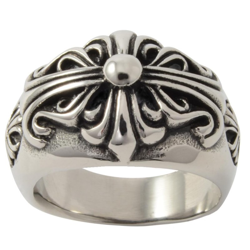 sakuto Men's Ring, Stainless Steel, Floral Cross, Cross Ring, Silver
