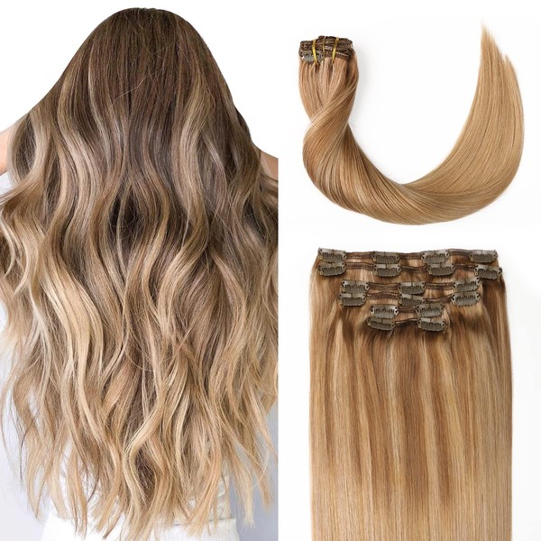 Sindra Clip-In Real Hair Extensions, Balayage Ash Blonde to Bleach Blonde Extensions, Real Hair, 55 cm, 120 g, 6 Pieces, Real Hair Clip-In Natural Remy Real Hair Extensions, #10/16/16, 22 Inches