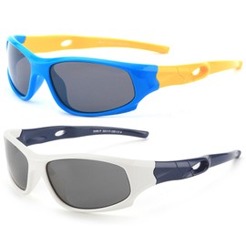 Awdchny Polarized Kids Sunglasses for Boys Girls Sport Sunglasses for Kids Flexible Frame UV400 Protection Youth Baseball Sun Glasses Ages 3-12 (Blue/Yellow+White/Dark Blue）