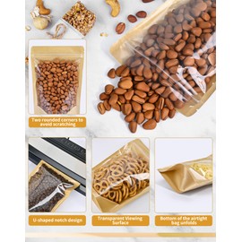 FireKylin Resealable Stand Up Pouches with Zipper 100 PCS, 4.7" x 7.9", Paper Bags, With Window, Clear Fornt Pouches, Food Storage, Brown