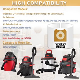 Paquete de 6 bolsas de 3 a 4.5 galones para aspiradoras Rigid Shop Vac 3, 4, 4.5 galones, tamaño C, VF3501, WD40500, WD40700, HD0600, bolsas de recolección de polvo de alta eficiencia, pieza de