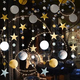 VOANZO 5Pcs Star Moon Hanging ornaments Bunting Banner Wall Ceiling Party Decorations for Twinkle Little Star First Birthday/Baby Shower/Wedding//Kids Room(Gold,Silver)