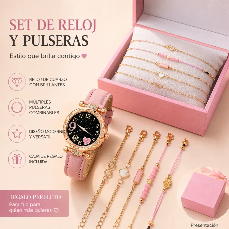 Set Reloj Cuarzo Mujer Correa Piel Rosa + 5 Pulseras
