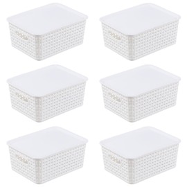 6-Pack Plastic Storage Basket with Lid, Small Organizer Bin, White