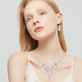 Enrwin Women’s Costume Pearl Austrian Crystal Teardrop Flower Statement Necklace Dangle Earrings Jewelry Sets for Wedding Bridal, Metal, crystal