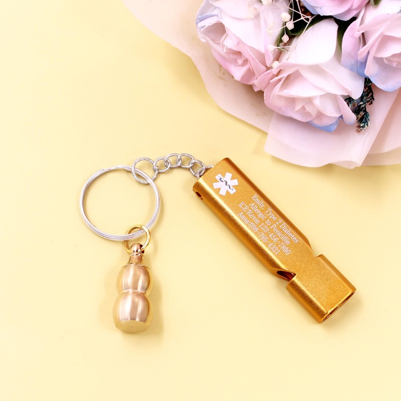 JunyiDIY Emergency Medical Alert Keychain with Whistle and Gourd Pill