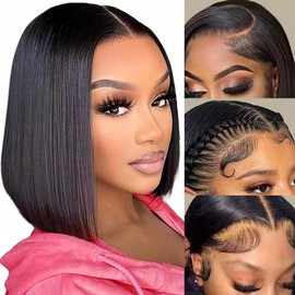 Thogriy Bob Wig Human Hair 13x4 HD Transparent Lace Front Wigs Human Hair Pre Plucked 180% Density Short Bob Straight Wigs Human Hair for Women Natural Black Color 12 Inch