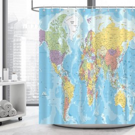 PAOPOED World Map Shower Curtain, Map of The World Countries Cities Blue Earth Educational Geography Shower Curtains for Kids Children Bathroom Decor with Hooks 72x72 Inch