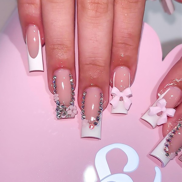 24Pcs Square Press on Nails Long Fake Nails With 3D